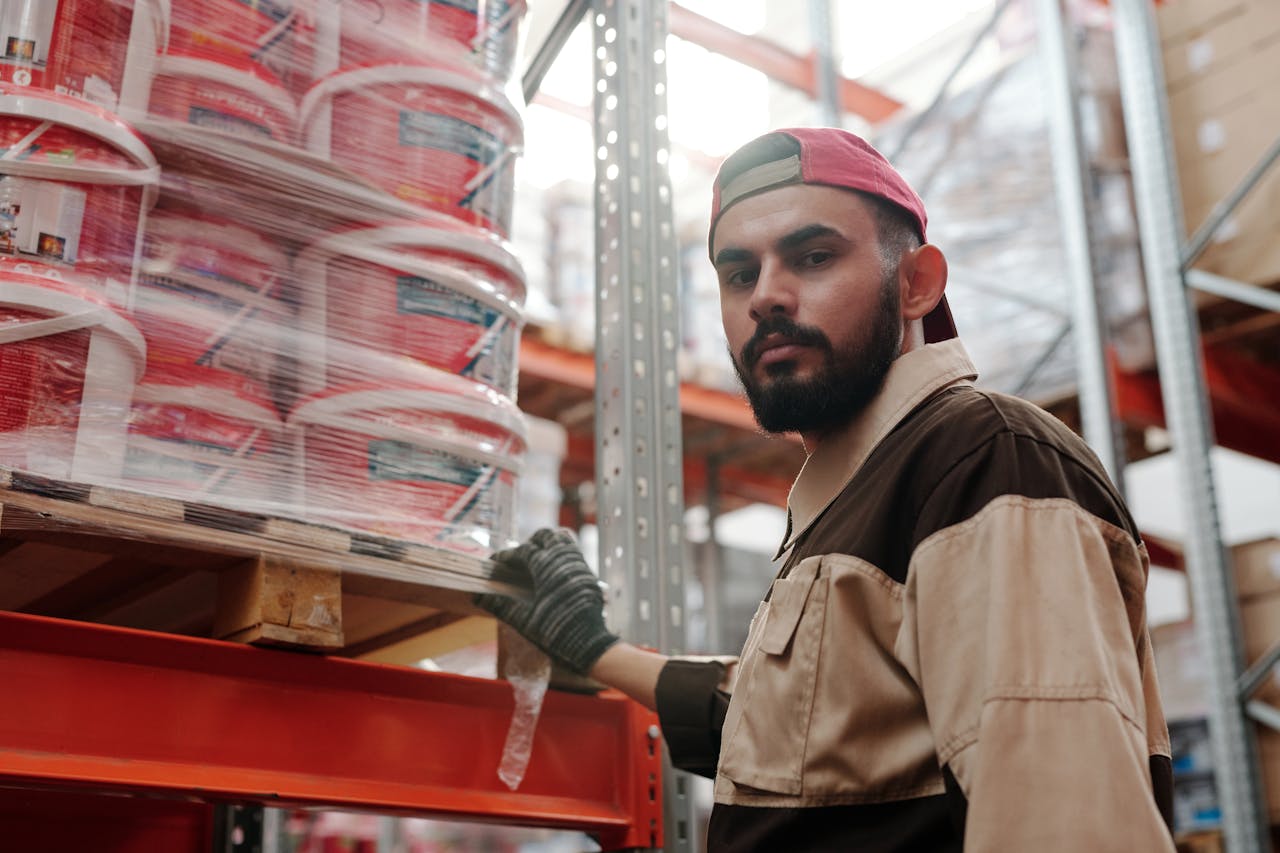 Portrait of a male warehouse worker standing next to stacked paint buckets indoors.
